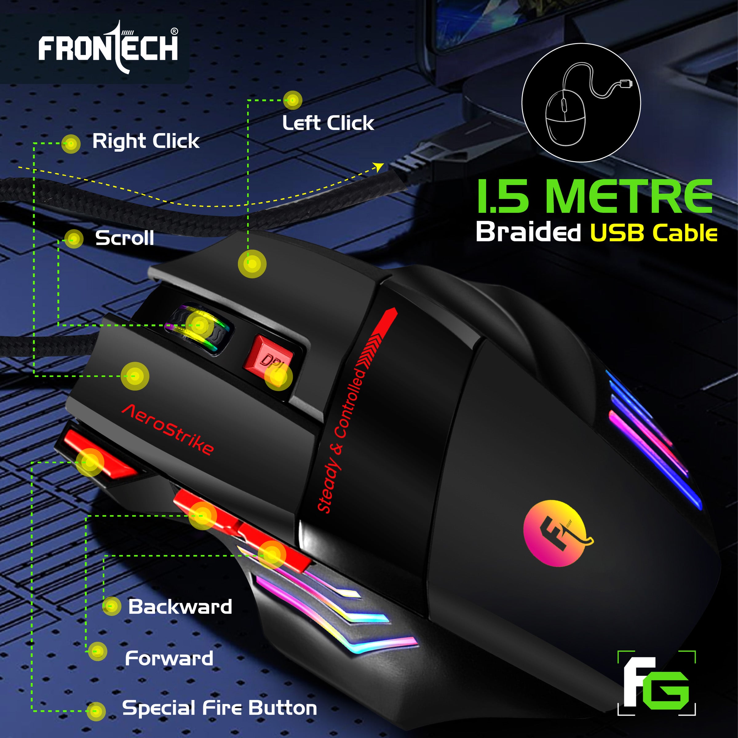 Frontech AeroStrike USB Wired Gaming Mouse with Upto 7200 DPI Gaming Sensor | 7 Buttons Design | Rainbow Lighting with Breathing Effect | 1.5m Braided Cable (MS-0083) Frontech AeroStrike USB Wired Gaming Mouse with Upto 7200 DPI Gaming Sensor | 7 Buttons Design | Rainbow Lighting with Breathing Effect | 1.5m Braided Cable (MS-0083)